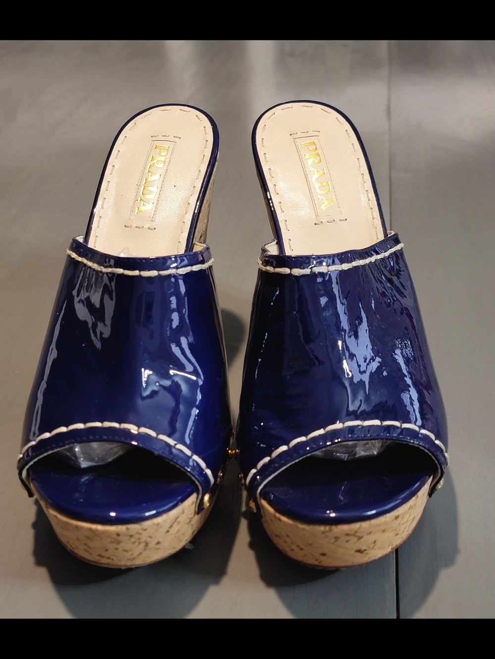 PRADA Royal Blue Patent Leather Studded Cork Platform Mules Sandals Size 40 - Picture 2 of 9